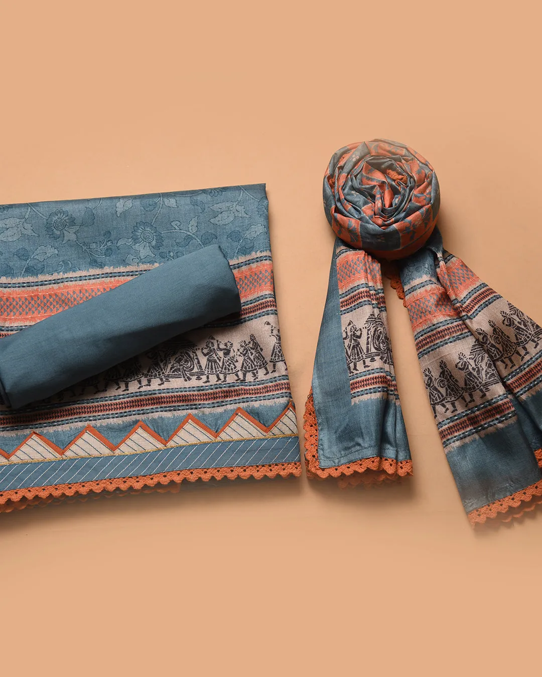 Blue Cotton Silk Blend Printed Unstitched Suit Fabric Set With Cotton Silk Dupatta