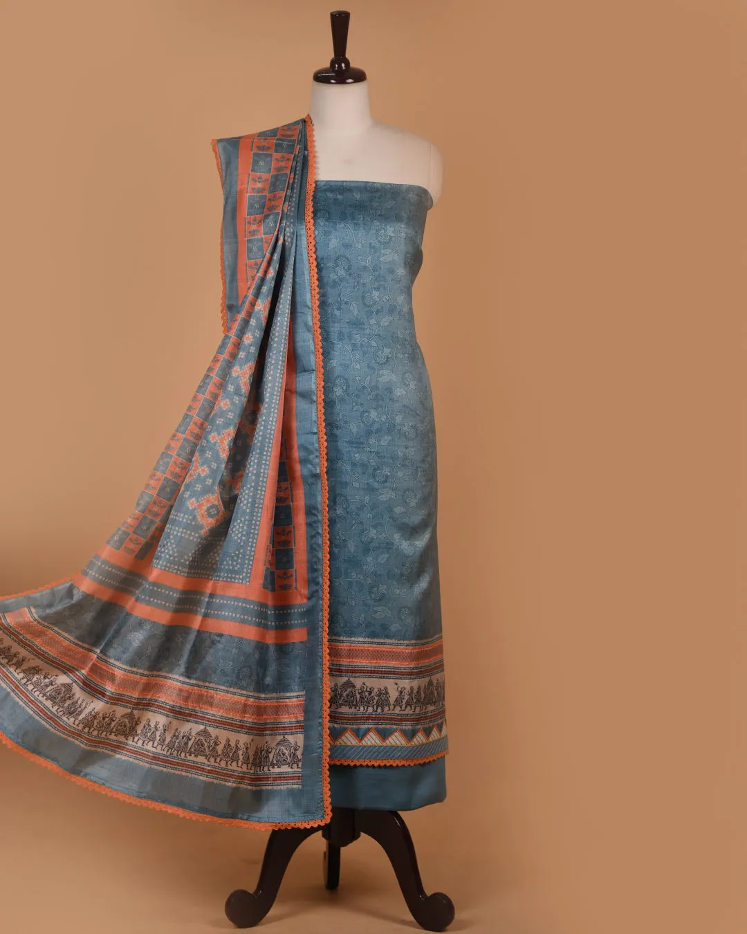 Blue Cotton Silk Blend Printed Unstitched Suit Fabric Set With Cotton Silk Dupatta