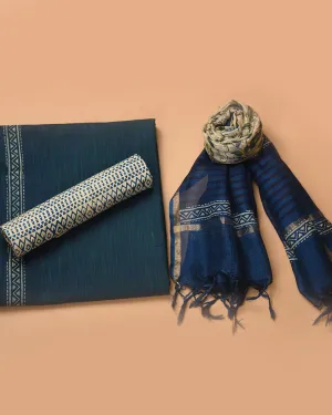 Blue Handloom Cotton Woven Unstitched Suit Fabric Set With Tissue Silk Hand Block Printed Dupatta
