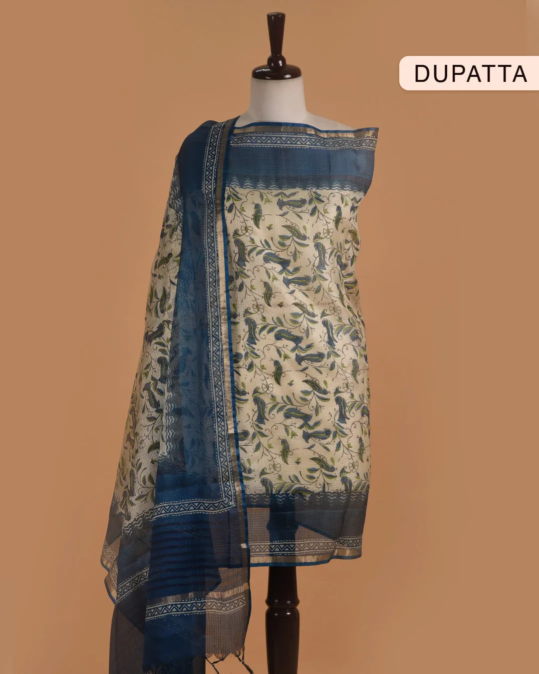 Blue Handloom Cotton Woven Unstitched Suit Fabric Set With Tissue Silk Hand Block Printed Dupatta