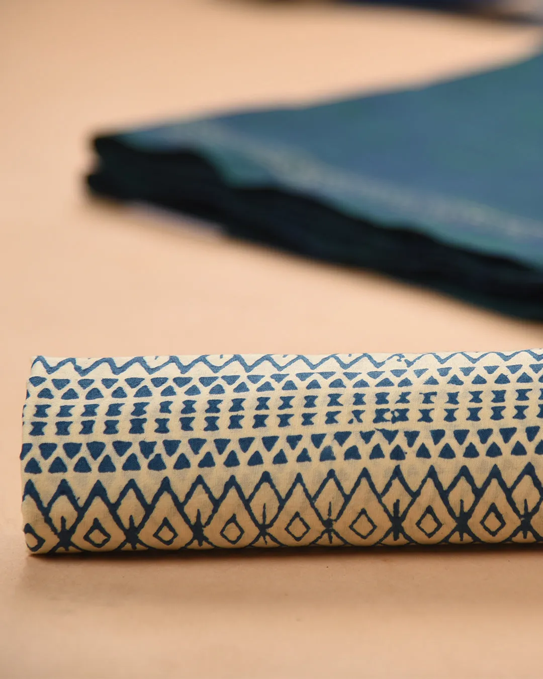 Blue Handloom Cotton Woven Unstitched Suit Fabric Set With Tissue Silk Hand Block Printed Dupatta