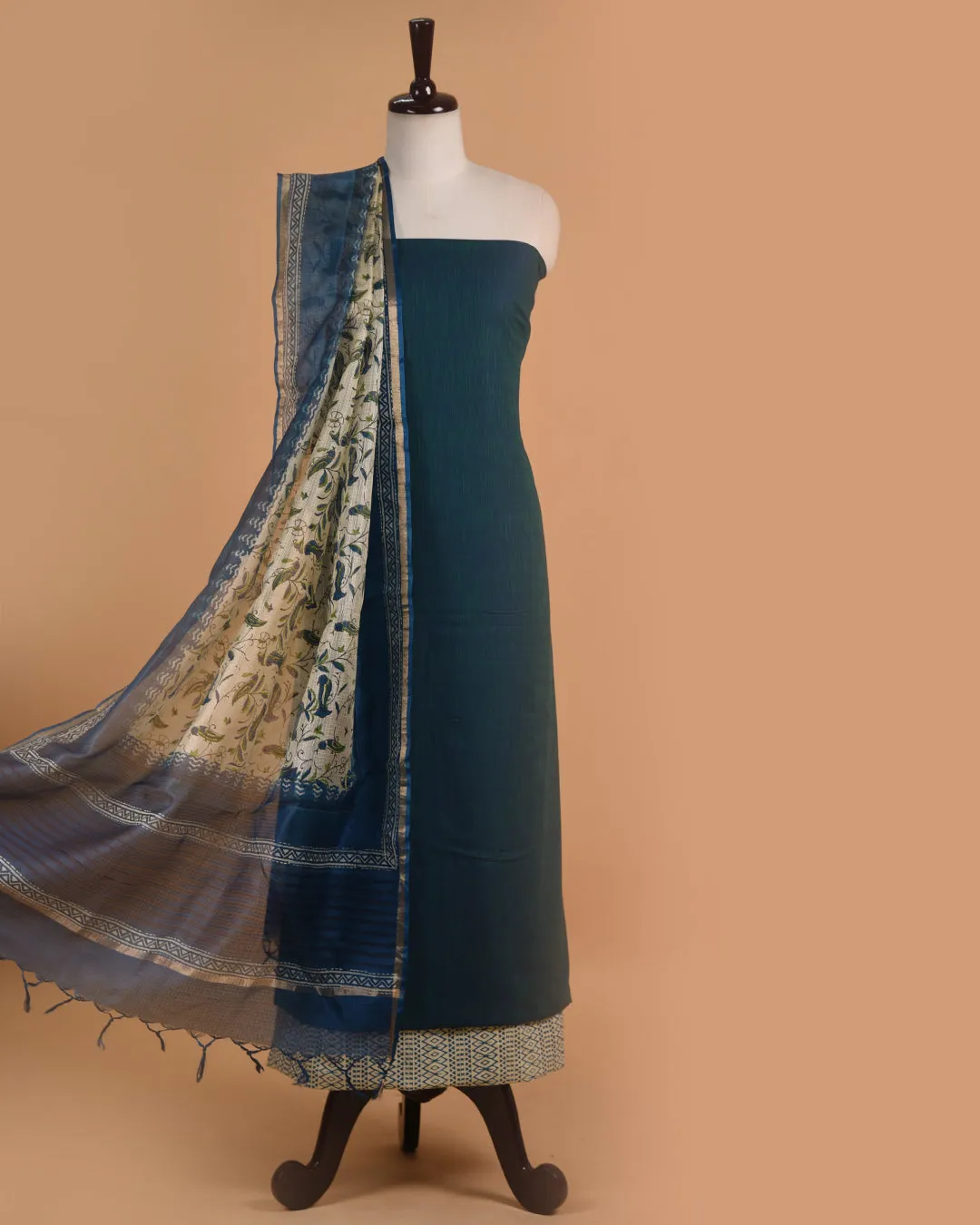 Blue Handloom Cotton Woven Unstitched Suit Fabric Set With Tissue Silk Hand Block Printed Dupatta