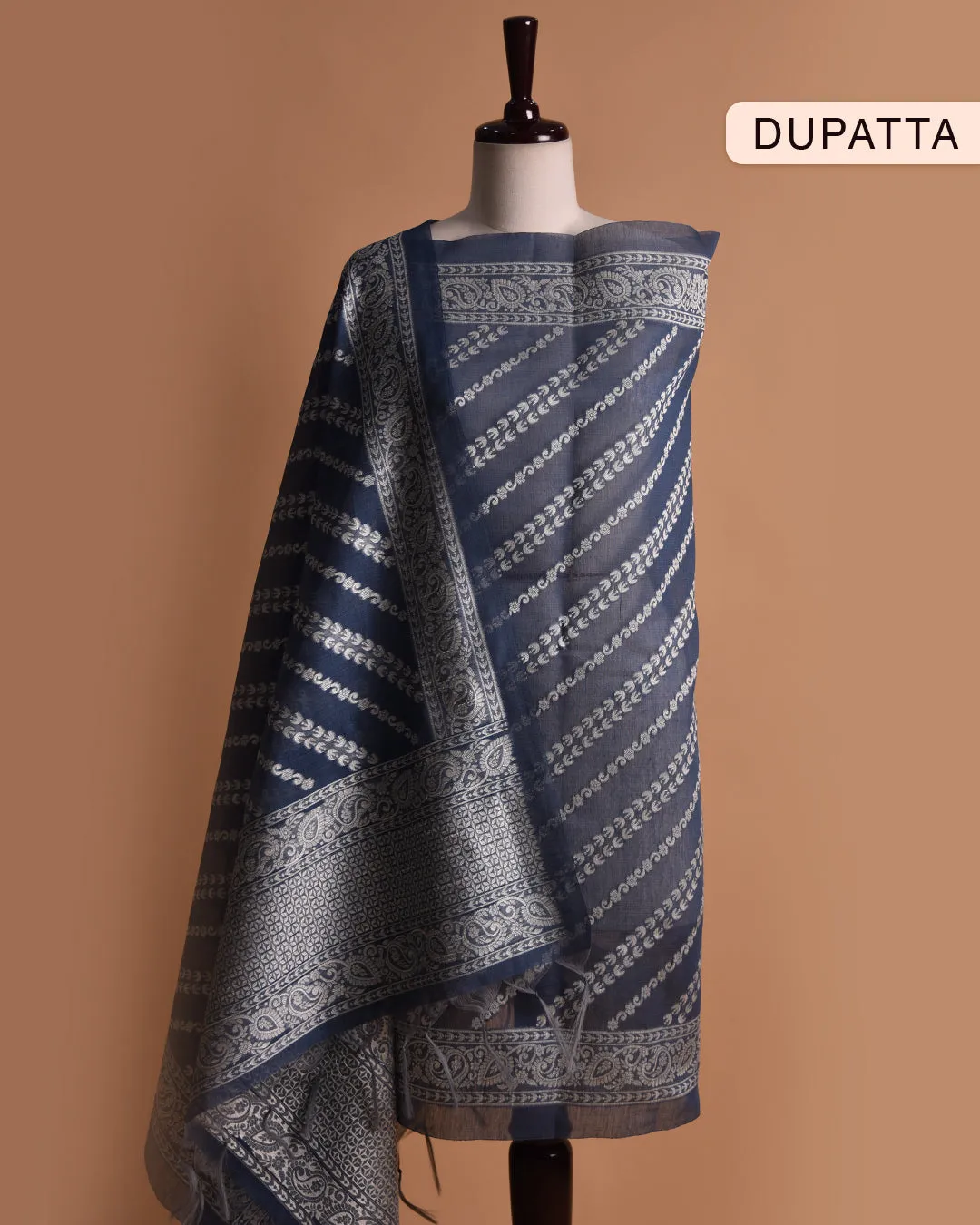 Blue Linen Blend Woven Unstitched Suit Fabric Set With Linen Blend Dupatta