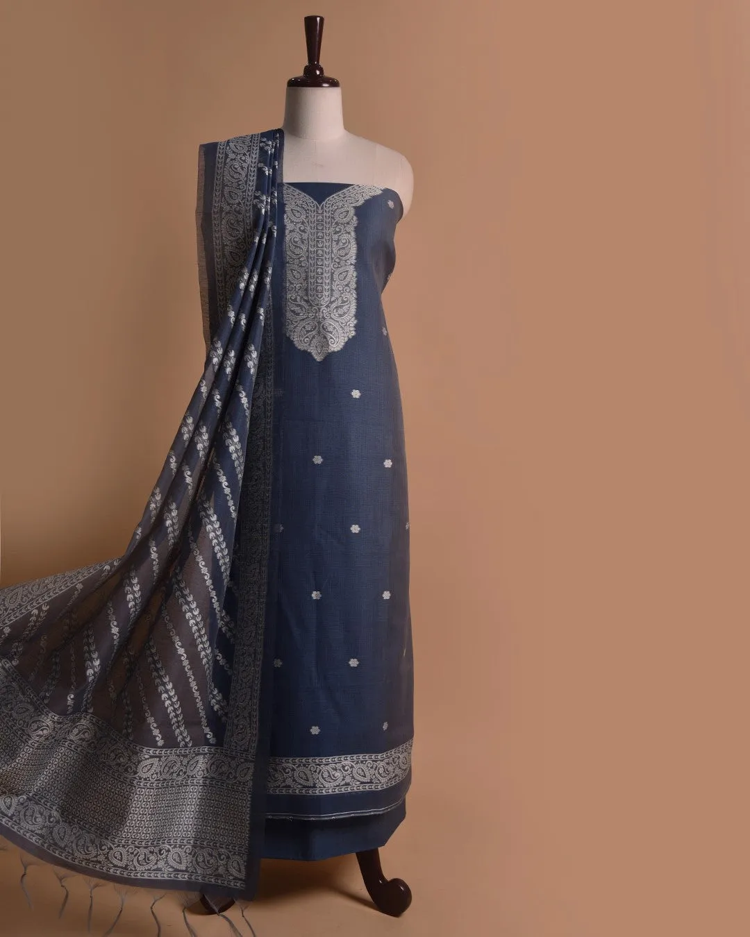 Blue Linen Blend Woven Unstitched Suit Fabric Set With Linen Blend Dupatta