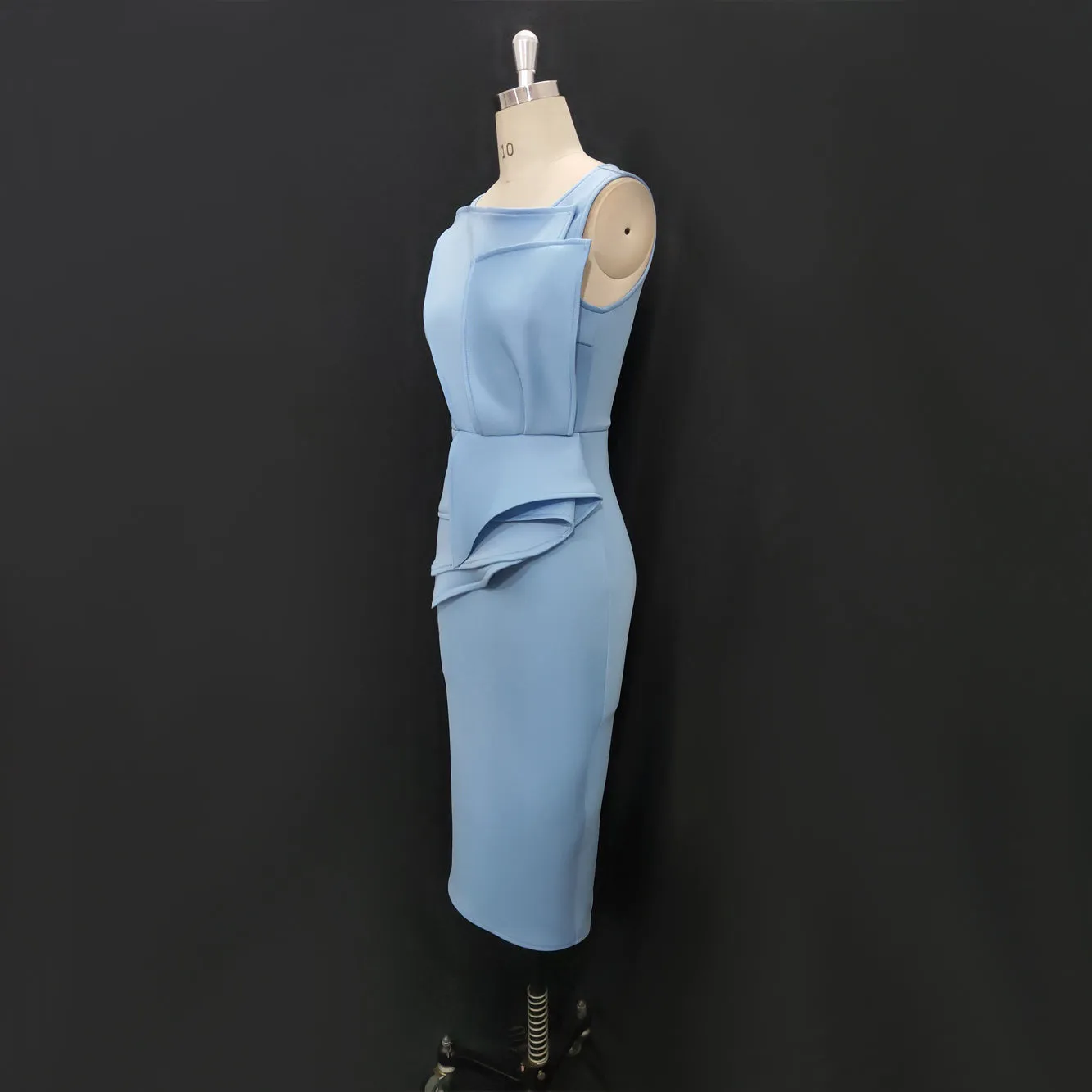 Blue Midi Sleeveless Peplum Ruffles Pencil Dresses
