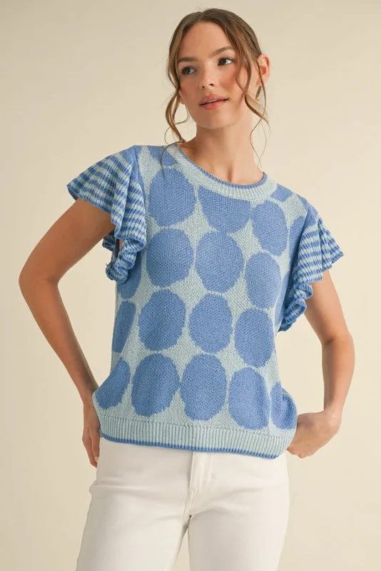 Blue Polka Dot & Stripes Knit Top w/ Flutter Sleeve