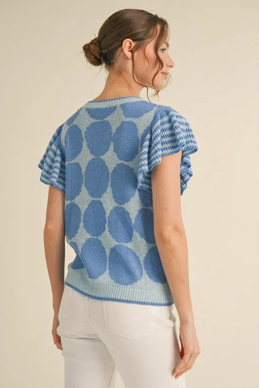 Blue Polka Dot & Stripes Knit Top w/ Flutter Sleeve