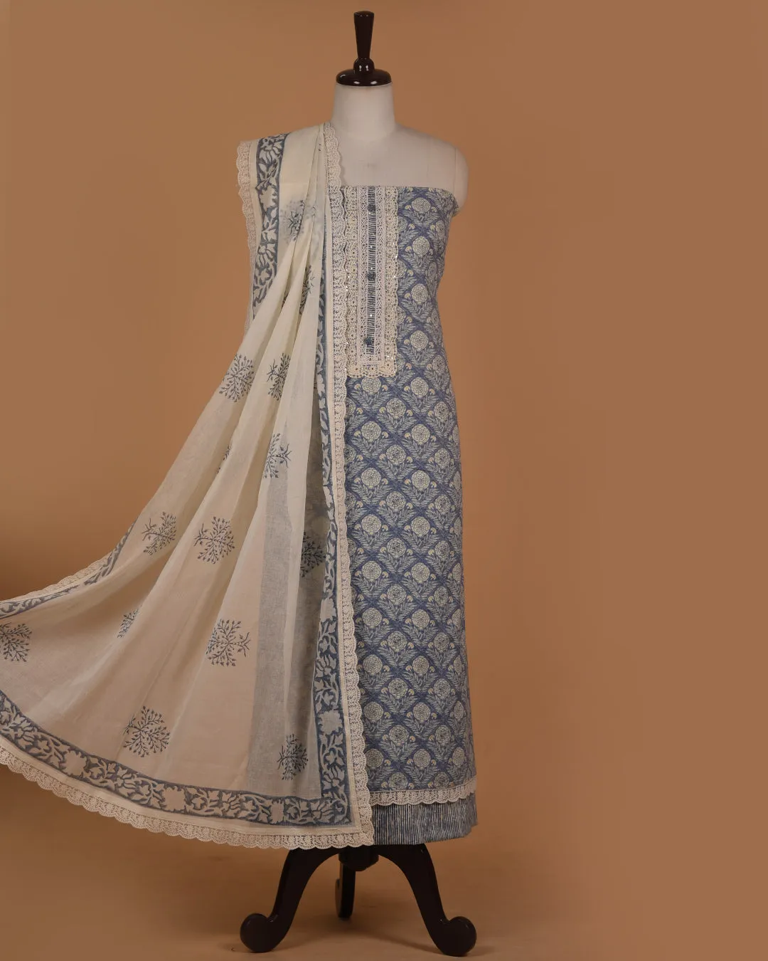 Blue Pure Cotton Printed With Embroidery Unstitched Suit Fabric Set With Cotton Dupatta