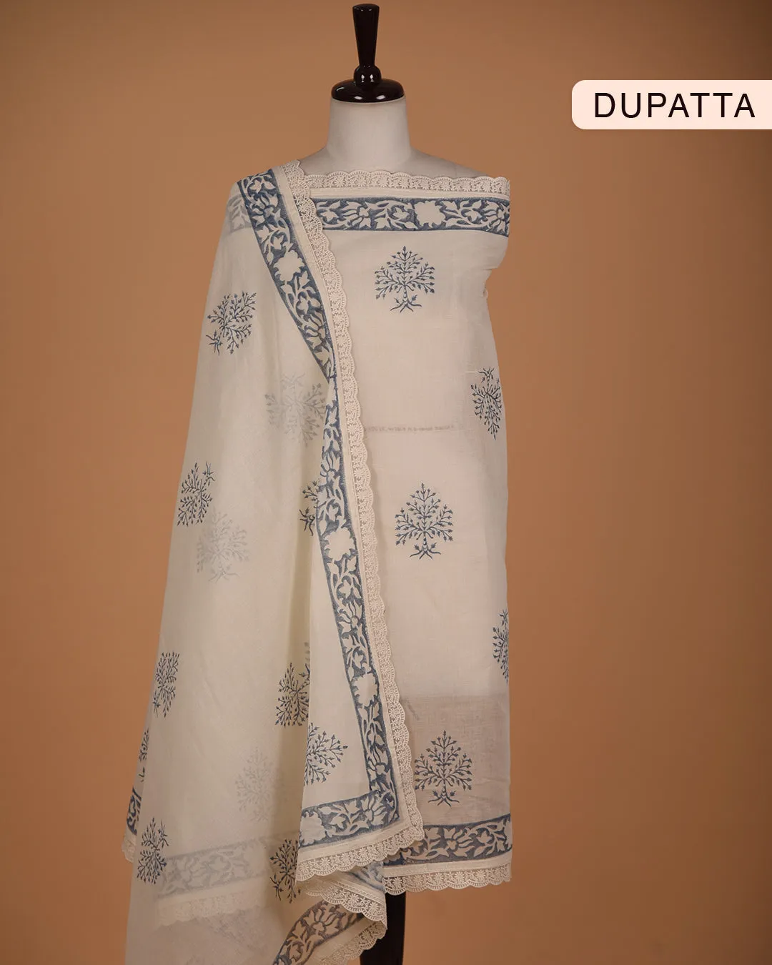 Blue Pure Cotton Printed With Embroidery Unstitched Suit Fabric Set With Cotton Dupatta