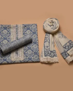 Blue Pure Cotton Printed With Embroidery Unstitched Suit Fabric Set With Cotton Dupatta
