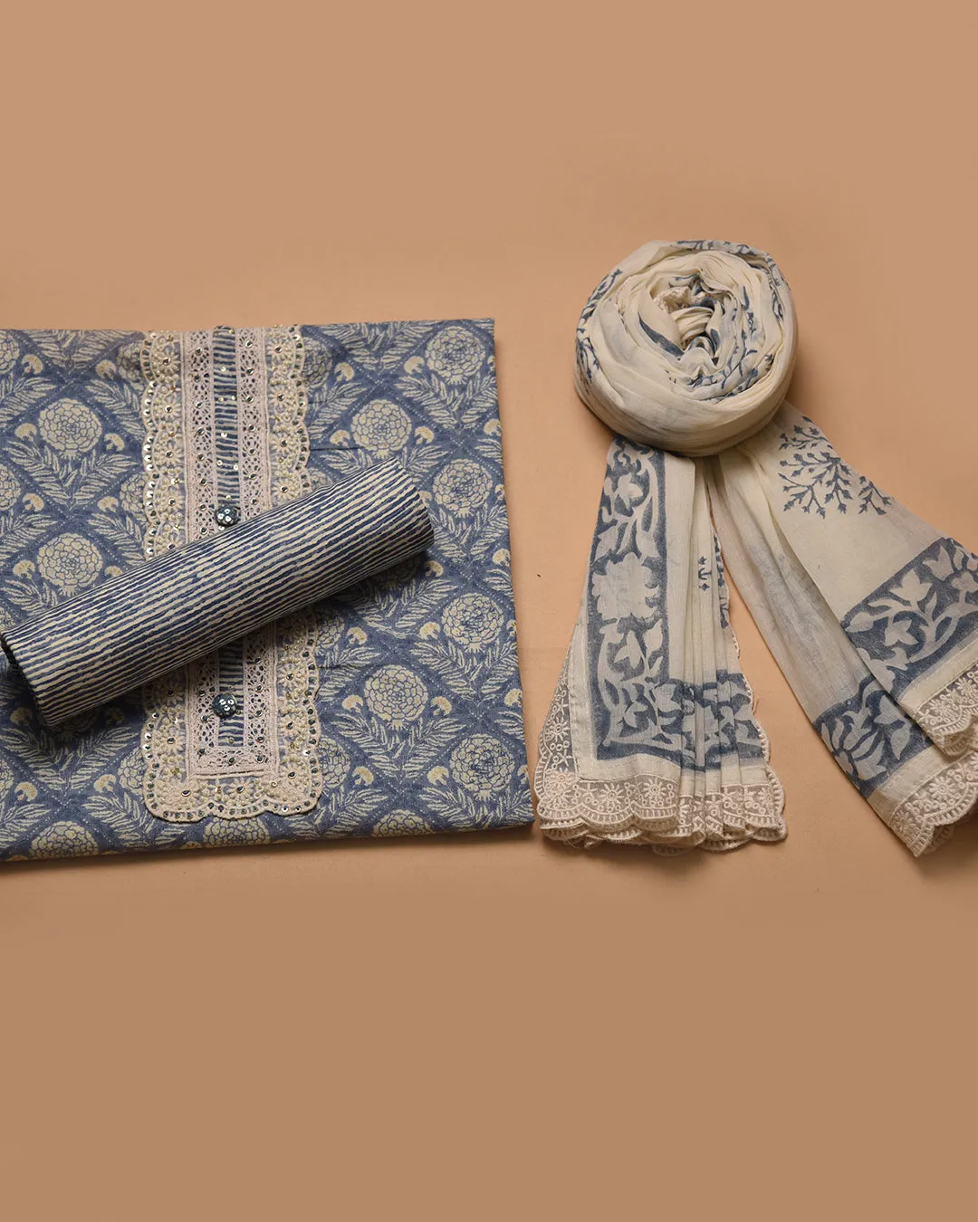 Blue Pure Cotton Printed With Embroidery Unstitched Suit Fabric Set With Cotton Dupatta
