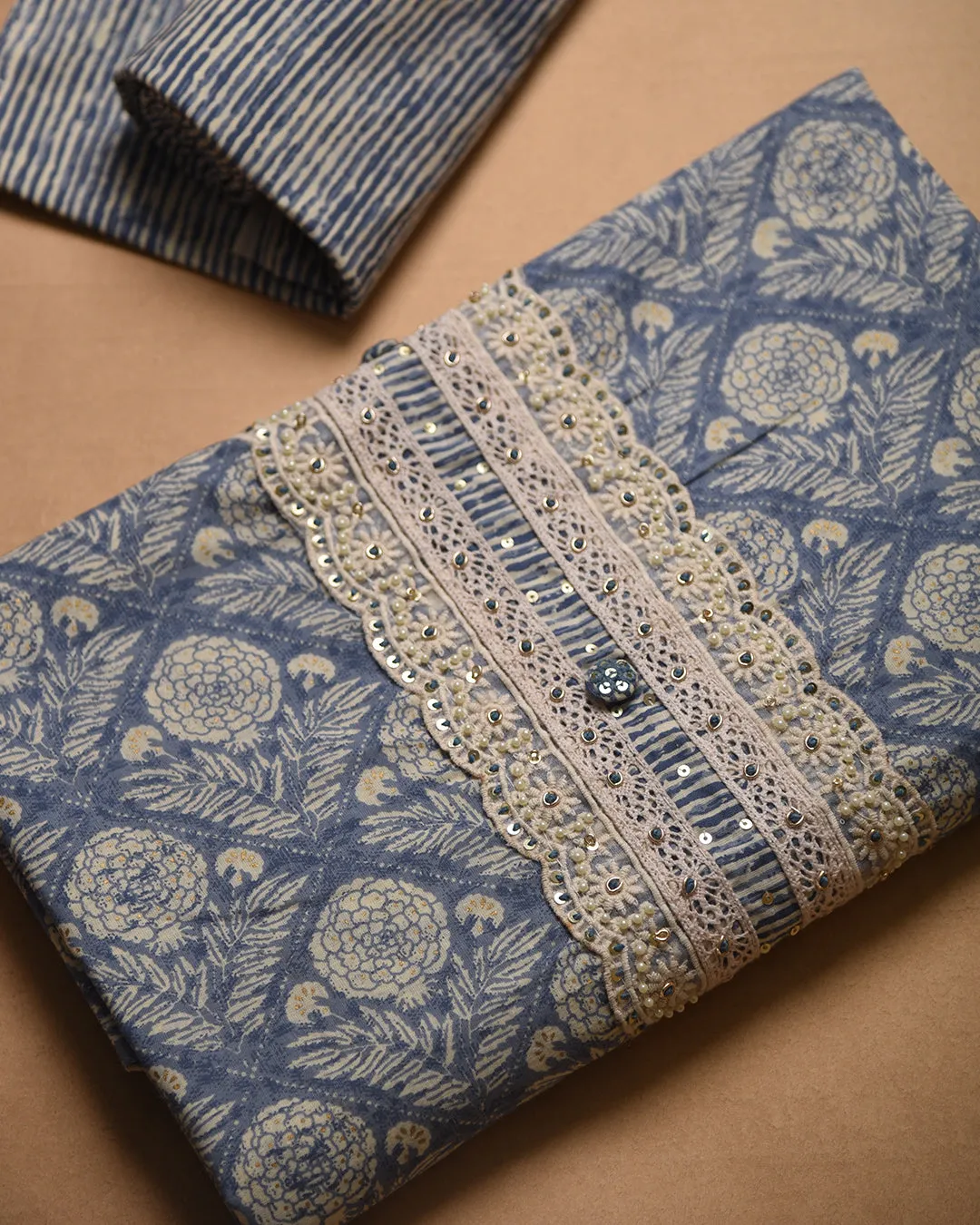 Blue Pure Cotton Printed With Embroidery Unstitched Suit Fabric Set With Cotton Dupatta