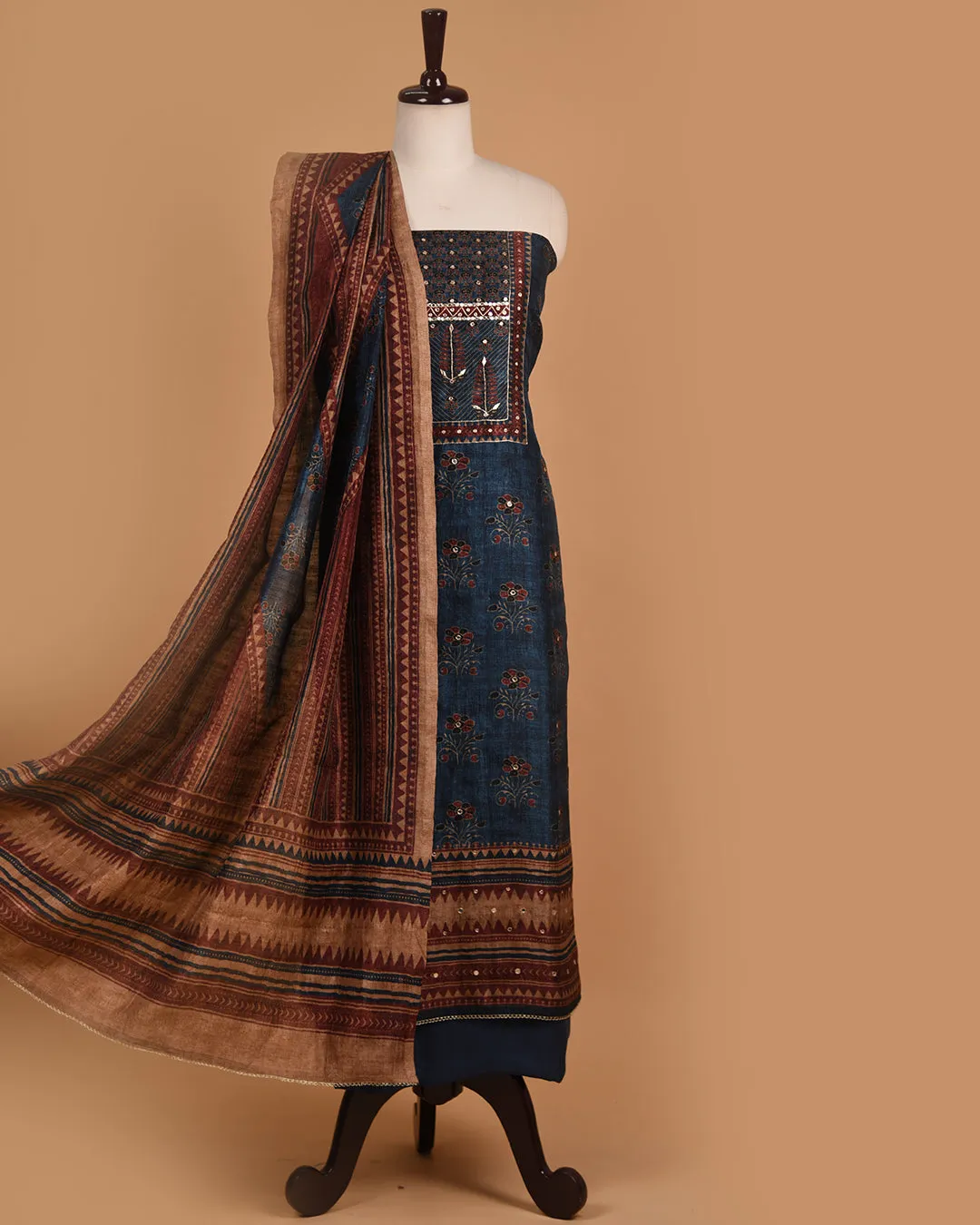 Blue Silk Blend Printed With Embroidery Unstitched Suit Fabric Set With Silk Blend Dupatta