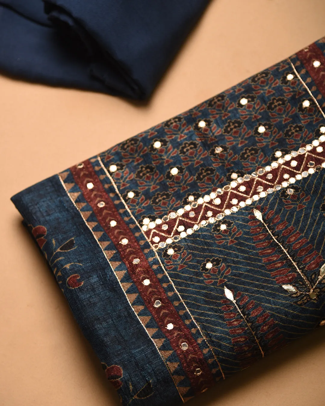 Blue Silk Blend Printed With Embroidery Unstitched Suit Fabric Set With Silk Blend Dupatta