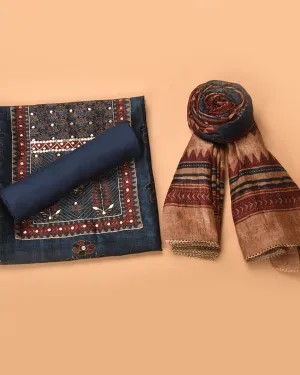 Blue Silk Blend Printed With Embroidery Unstitched Suit Fabric Set With Silk Blend Dupatta