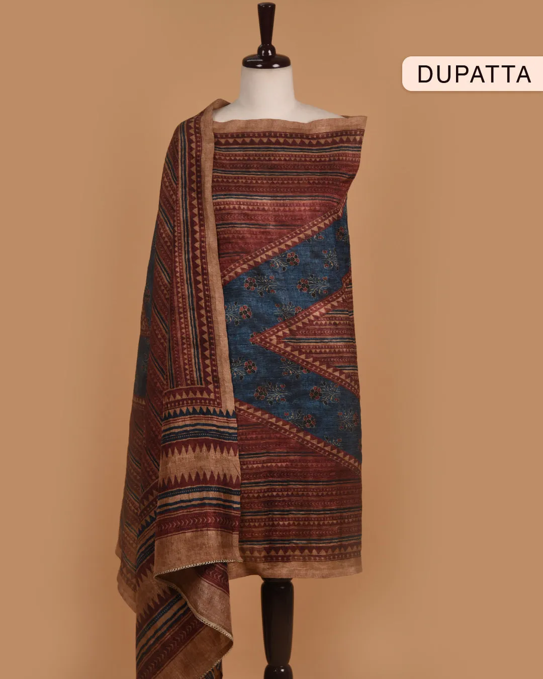 Blue Silk Blend Printed With Embroidery Unstitched Suit Fabric Set With Silk Blend Dupatta