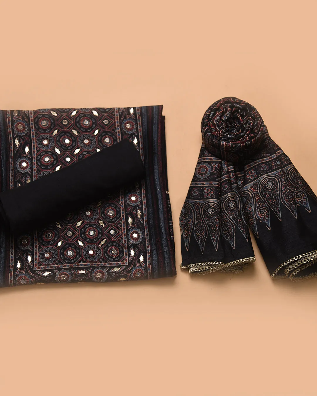 Blue With Black Chanderi Silk Blend Printed With Embroidery Unstitched Suit Fabric Set With Chanderi Dupatta