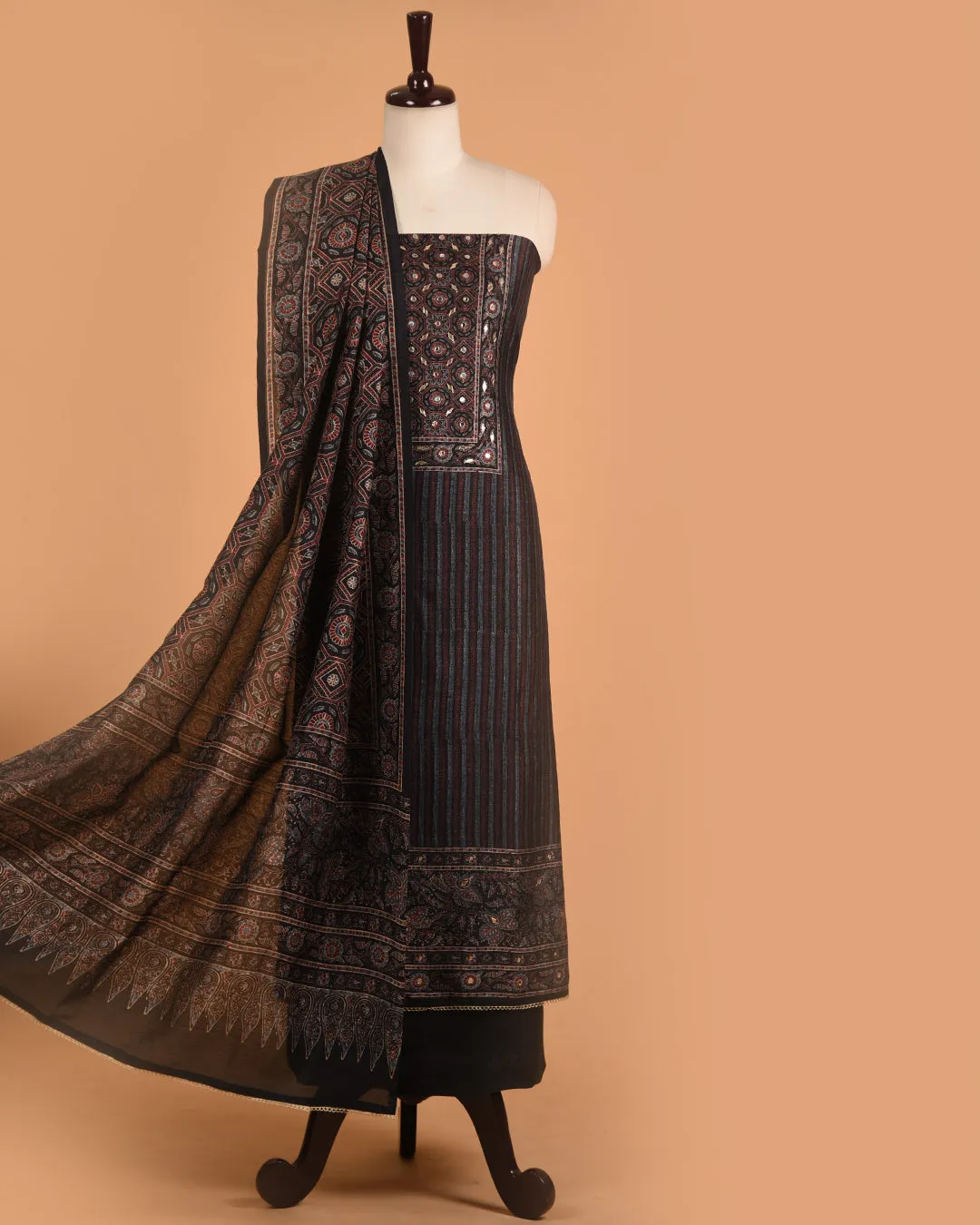 Blue With Black Chanderi Silk Blend Printed With Embroidery Unstitched Suit Fabric Set With Chanderi Dupatta