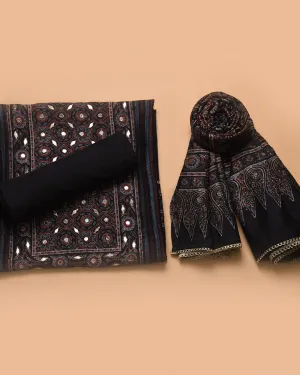 Blue With Black Chanderi Silk Blend Printed With Embroidery Unstitched Suit Fabric Set With Chanderi Dupatta