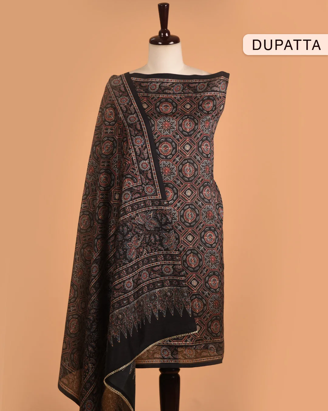 Blue With Black Chanderi Silk Blend Printed With Embroidery Unstitched Suit Fabric Set With Chanderi Dupatta