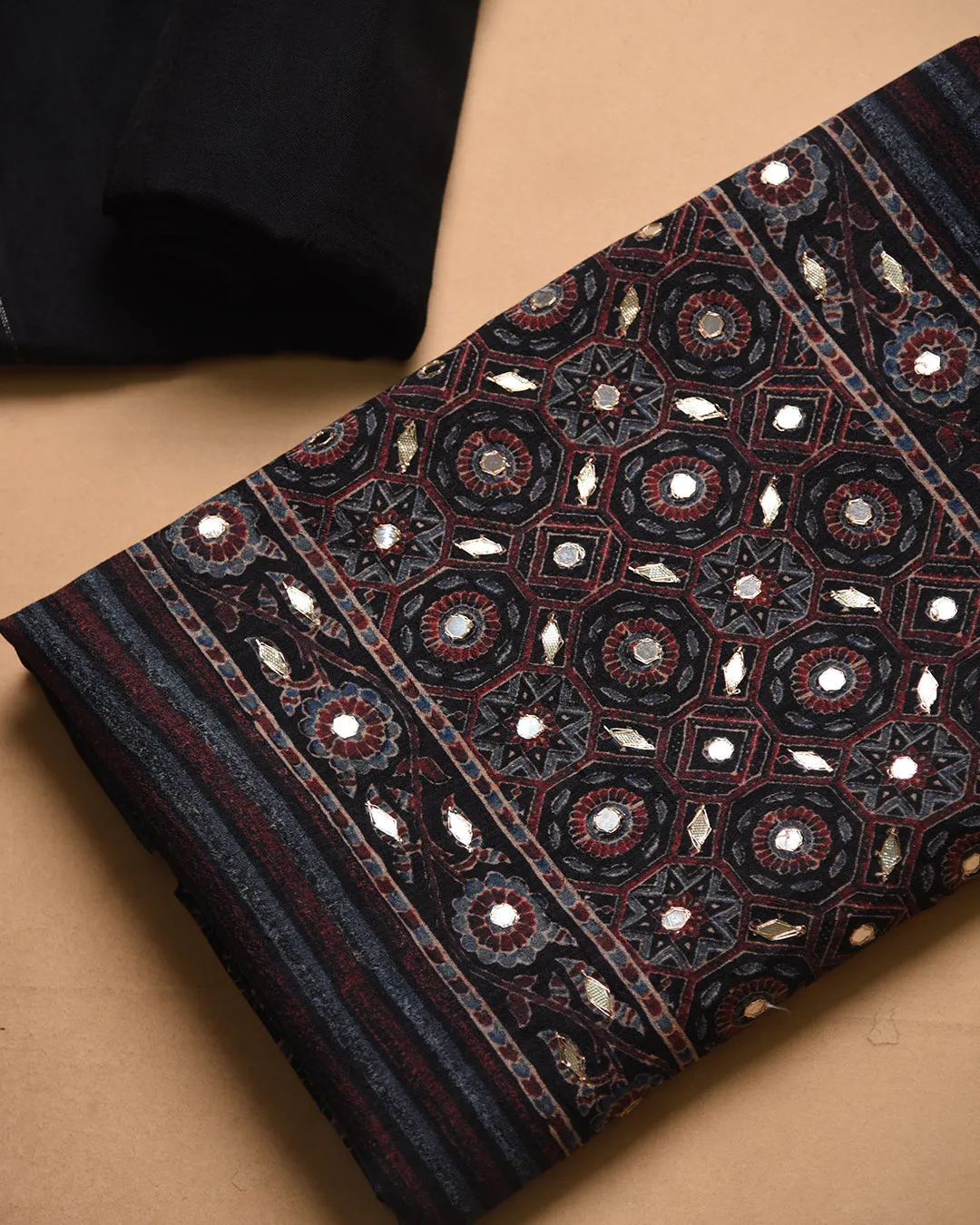 Blue With Black Chanderi Silk Blend Printed With Embroidery Unstitched Suit Fabric Set With Chanderi Dupatta