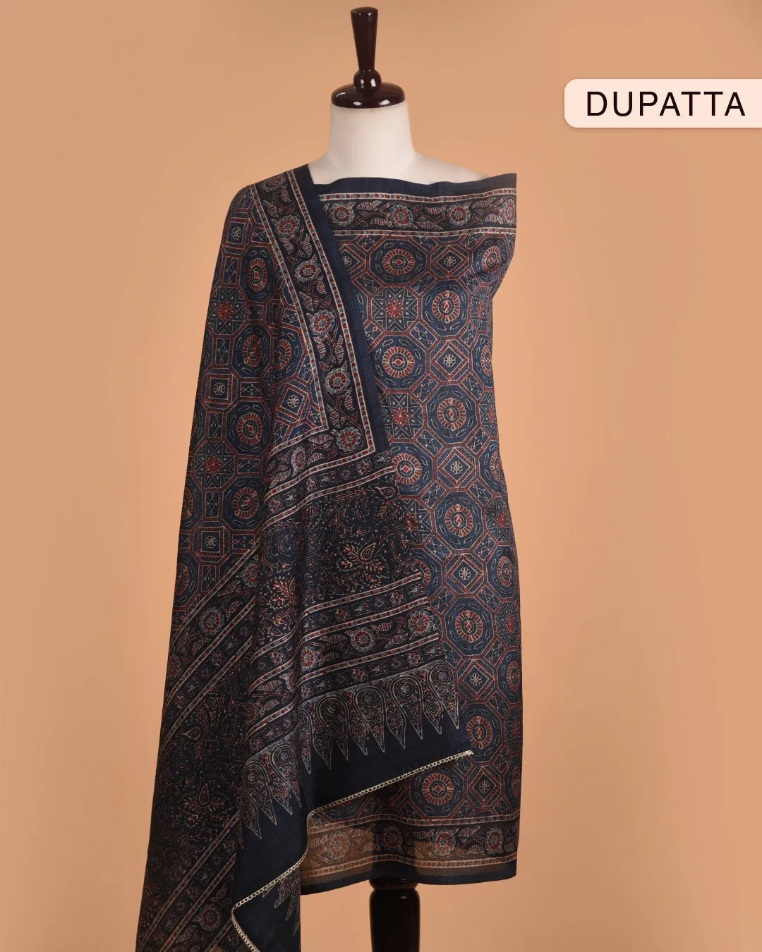 Blue With Rust Chanderi Silk Blend Printed With Embroidery Unstitched Suit Fabric Set With Chanderi Dupatta