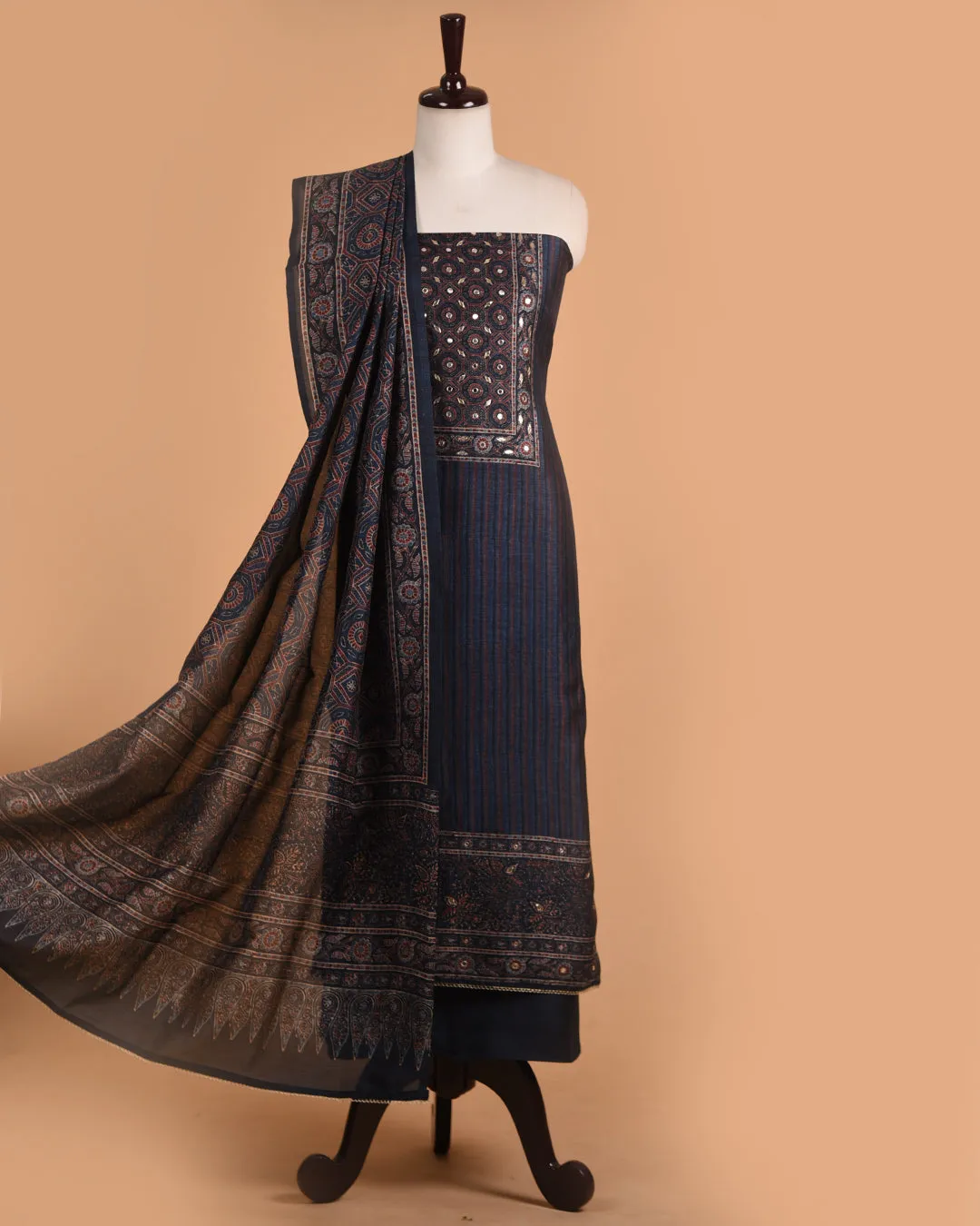 Blue With Rust Chanderi Silk Blend Printed With Embroidery Unstitched Suit Fabric Set With Chanderi Dupatta