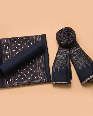 Blue With Rust Chanderi Silk Blend Printed With Embroidery Unstitched Suit Fabric Set With Chanderi Dupatta