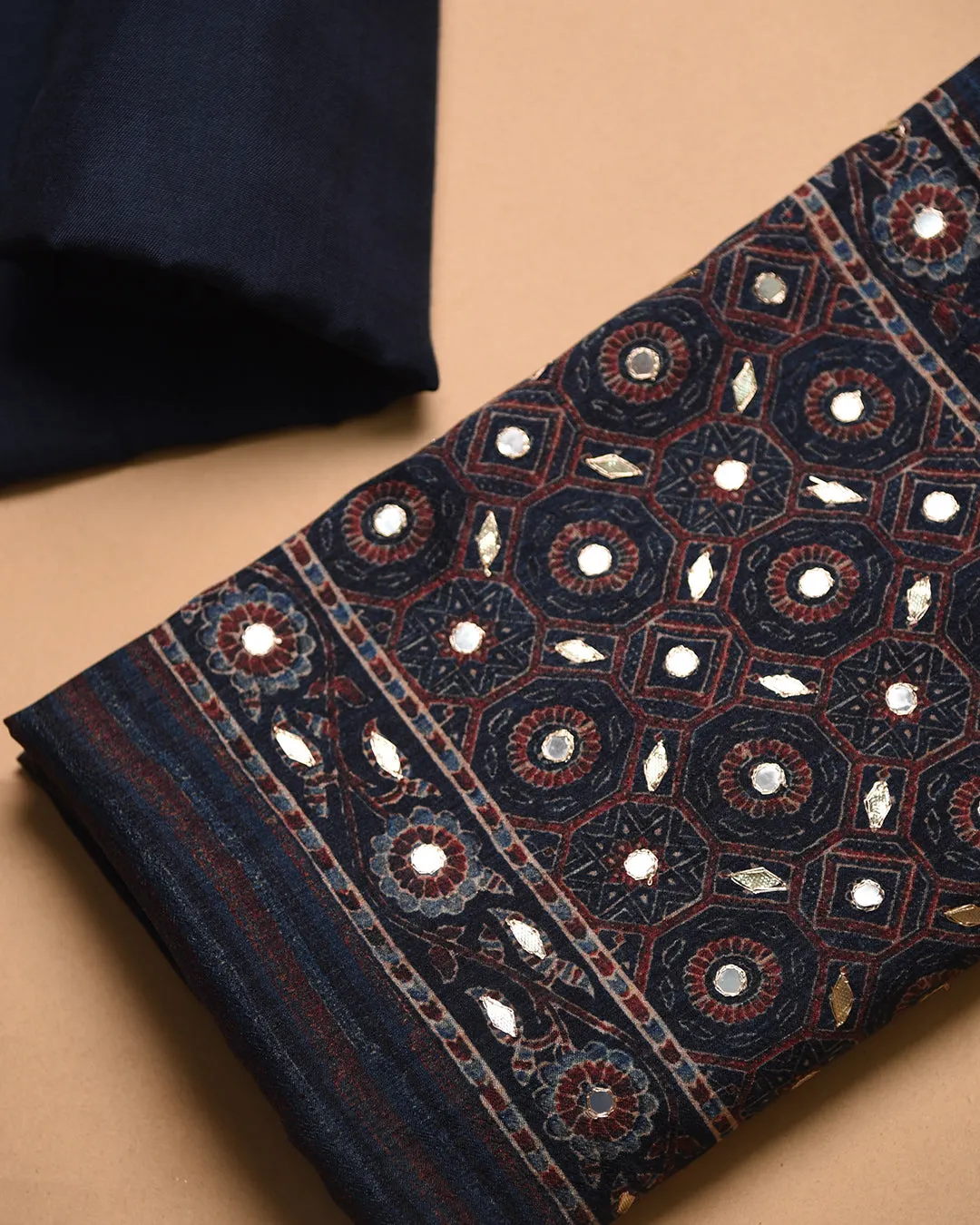 Blue With Rust Chanderi Silk Blend Printed With Embroidery Unstitched Suit Fabric Set With Chanderi Dupatta