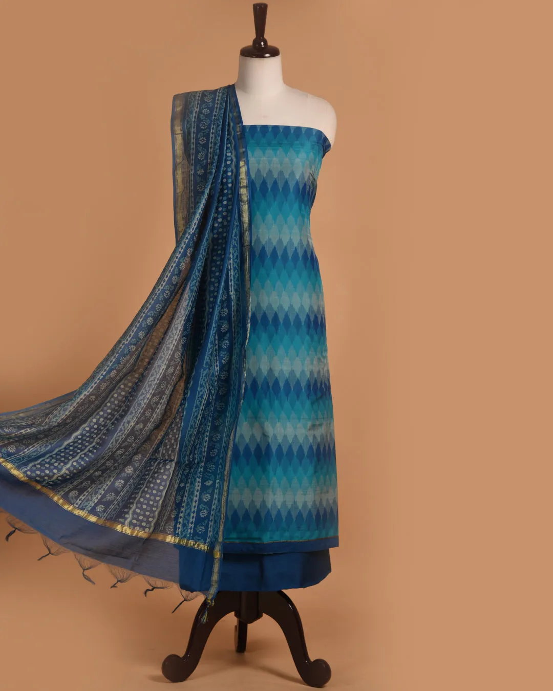 Blue With Turquoise Chanderi Silk Ikat Unstitched Suit Fabric Set With Chanderi Dupatta