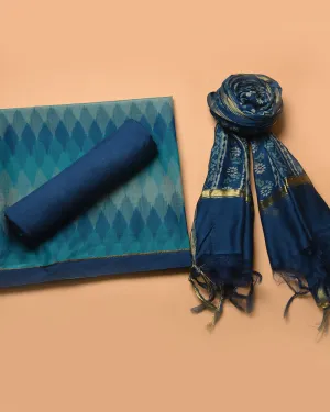 Blue With Turquoise Chanderi Silk Ikat Unstitched Suit Fabric Set With Chanderi Dupatta
