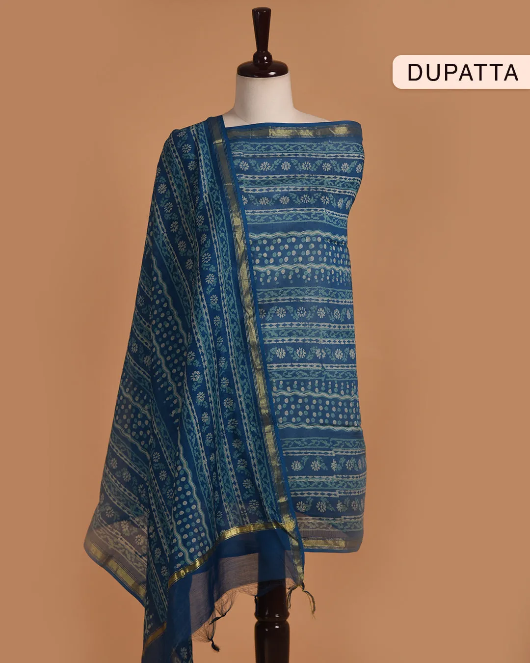 Blue With Turquoise Chanderi Silk Ikat Unstitched Suit Fabric Set With Chanderi Dupatta