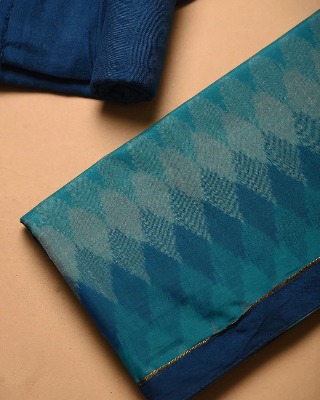 Blue With Turquoise Chanderi Silk Ikat Unstitched Suit Fabric Set With Chanderi Dupatta