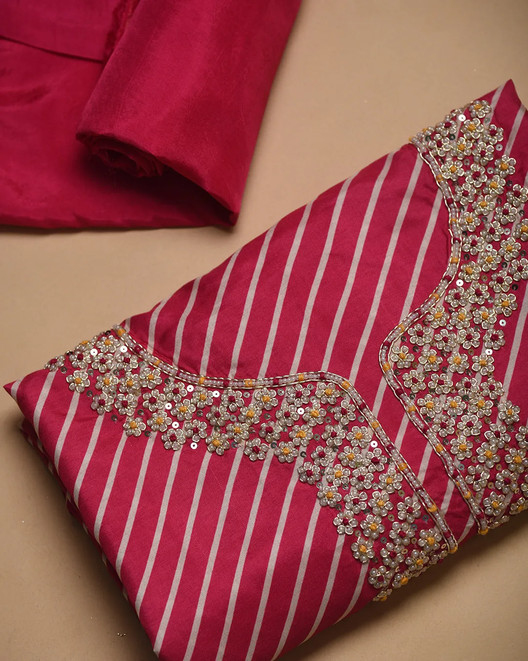 Bright Pink Silk Viscose Blend Printed With Embroidery Unstitched Suit Fabric Set With Organza Printed With Woven Dupatta