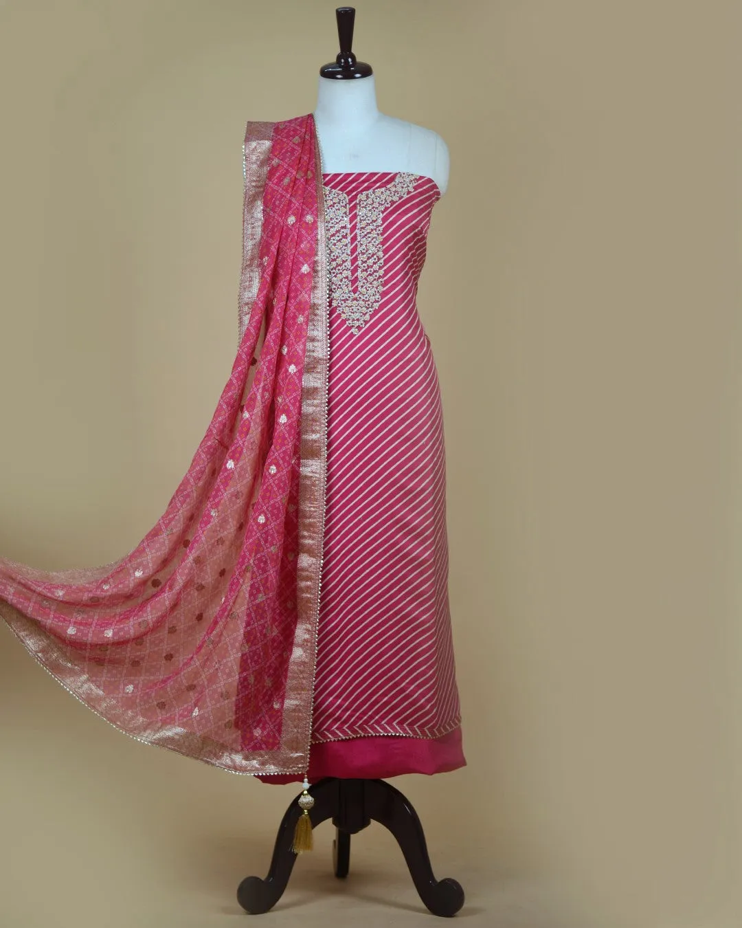 Bright Pink Silk Viscose Blend Printed With Embroidery Unstitched Suit Fabric Set With Organza Printed With Woven Dupatta