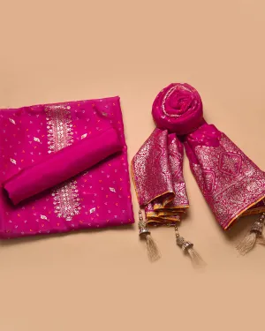 Bright Pink Silk Viscose Blend Woven With Embroidery Unstitched Suit Fabric Set With Silk Viscose Blend Banarasi Woven Dupatta