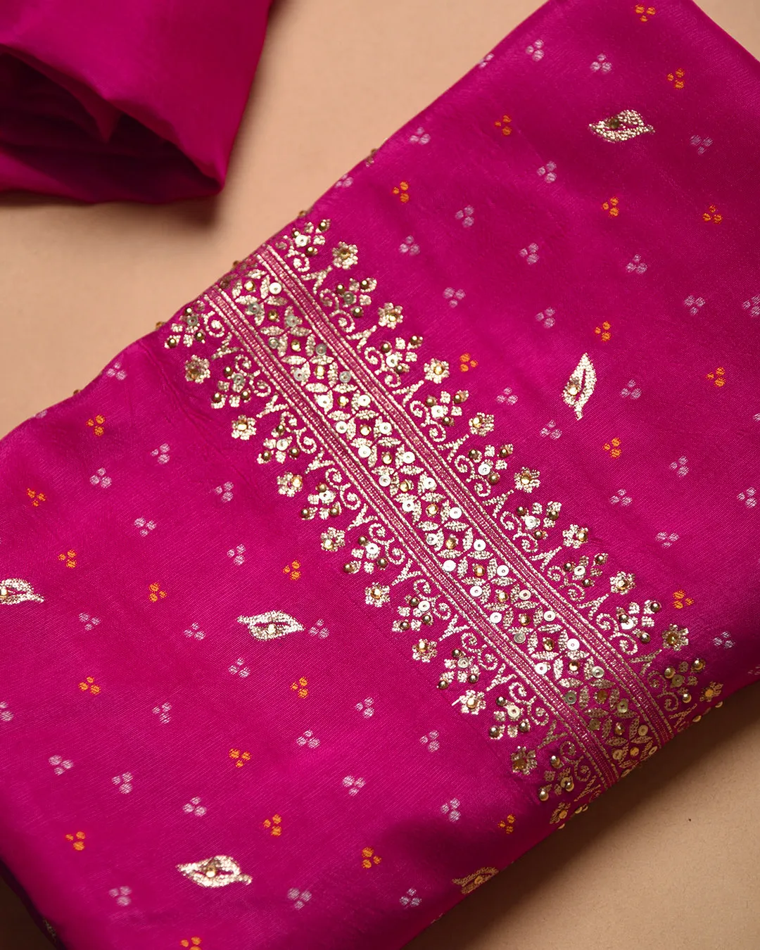 Bright Pink Silk Viscose Blend Woven With Embroidery Unstitched Suit Fabric Set With Silk Viscose Blend Banarasi Woven Dupatta