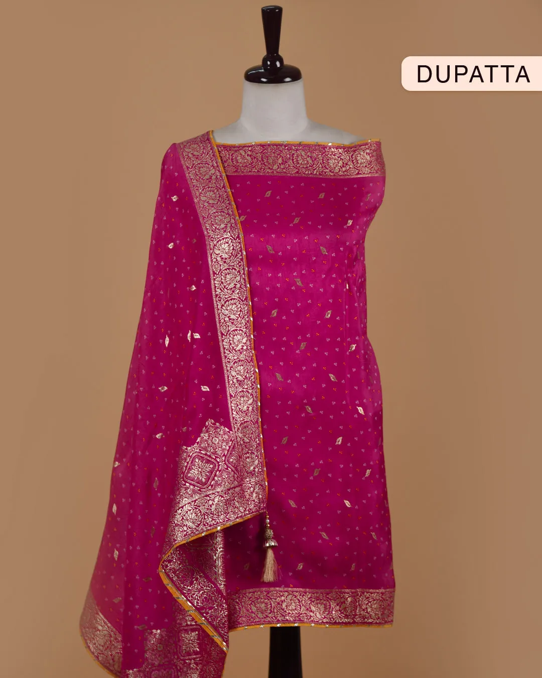 Bright Pink Silk Viscose Blend Woven With Embroidery Unstitched Suit Fabric Set With Silk Viscose Blend Banarasi Woven Dupatta