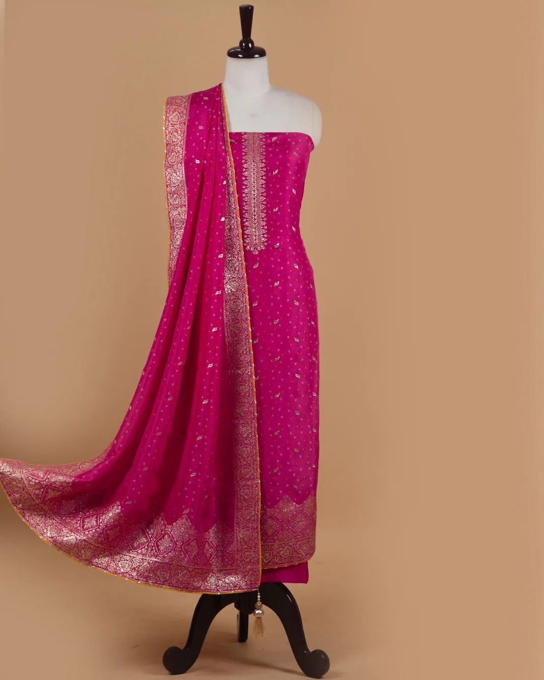 Bright Pink Silk Viscose Blend Woven With Embroidery Unstitched Suit Fabric Set With Silk Viscose Blend Banarasi Woven Dupatta