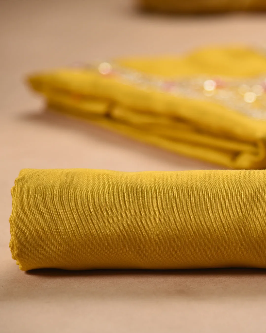 Bright Yellow Silk Viscose Blend Hand Embellished Unstitched Suit Fabric Set With Silk Viscose Blend Banarasi Woven Dupatta