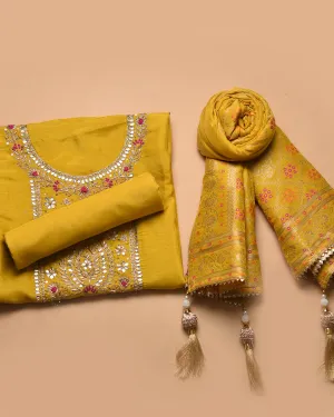 Bright Yellow Silk Viscose Blend Hand Embellished Unstitched Suit Fabric Set With Silk Viscose Blend Banarasi Woven Dupatta