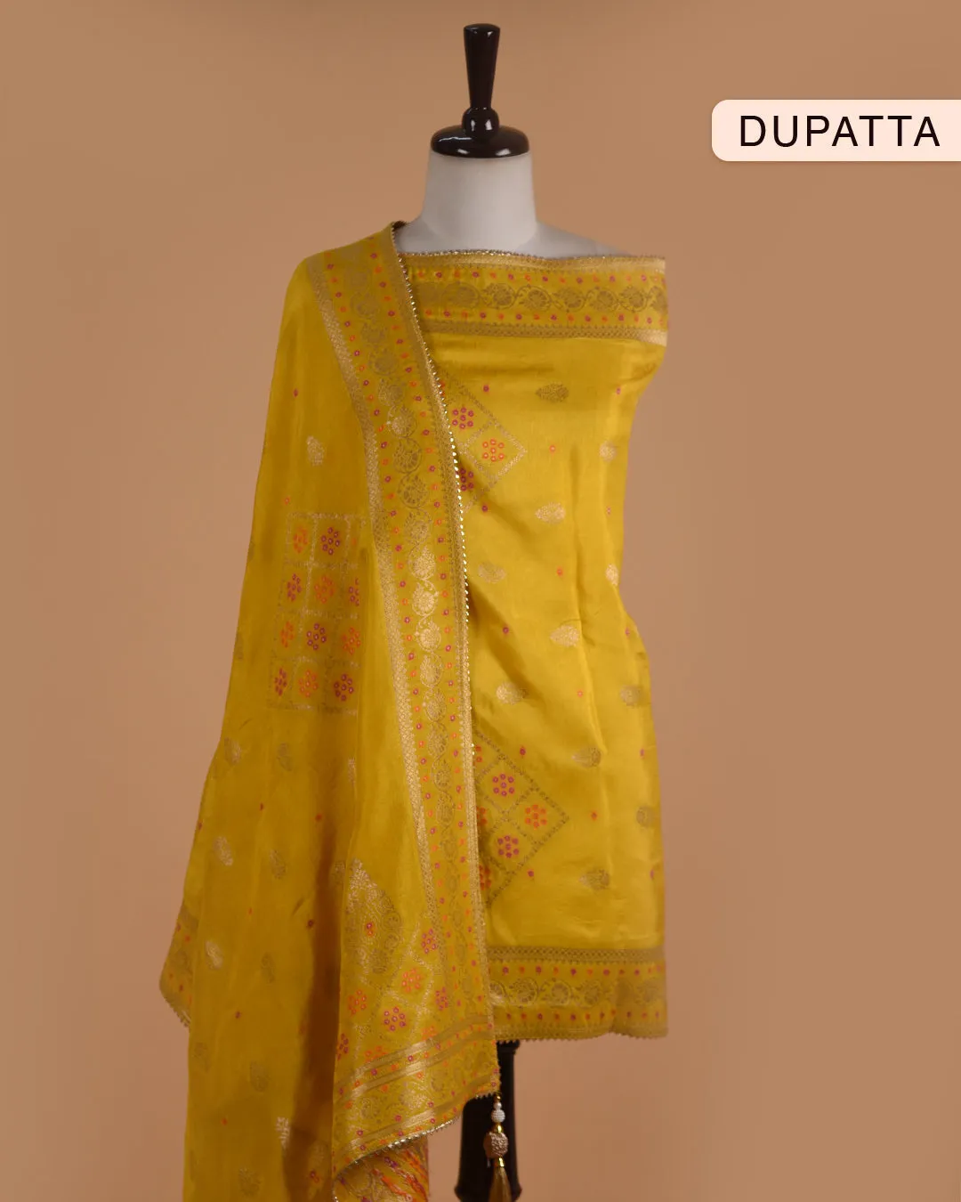 Bright Yellow Silk Viscose Blend Hand Embellished Unstitched Suit Fabric Set With Silk Viscose Blend Banarasi Woven Dupatta