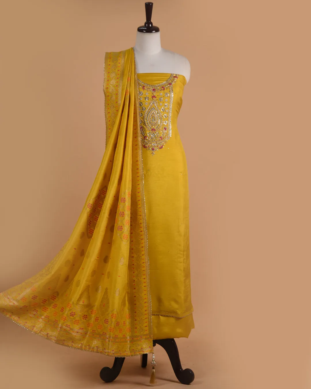 Bright Yellow Silk Viscose Blend Hand Embellished Unstitched Suit Fabric Set With Silk Viscose Blend Banarasi Woven Dupatta