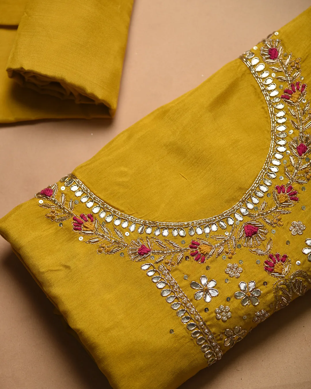 Bright Yellow Silk Viscose Blend Hand Embellished Unstitched Suit Fabric Set With Silk Viscose Blend Banarasi Woven Dupatta
