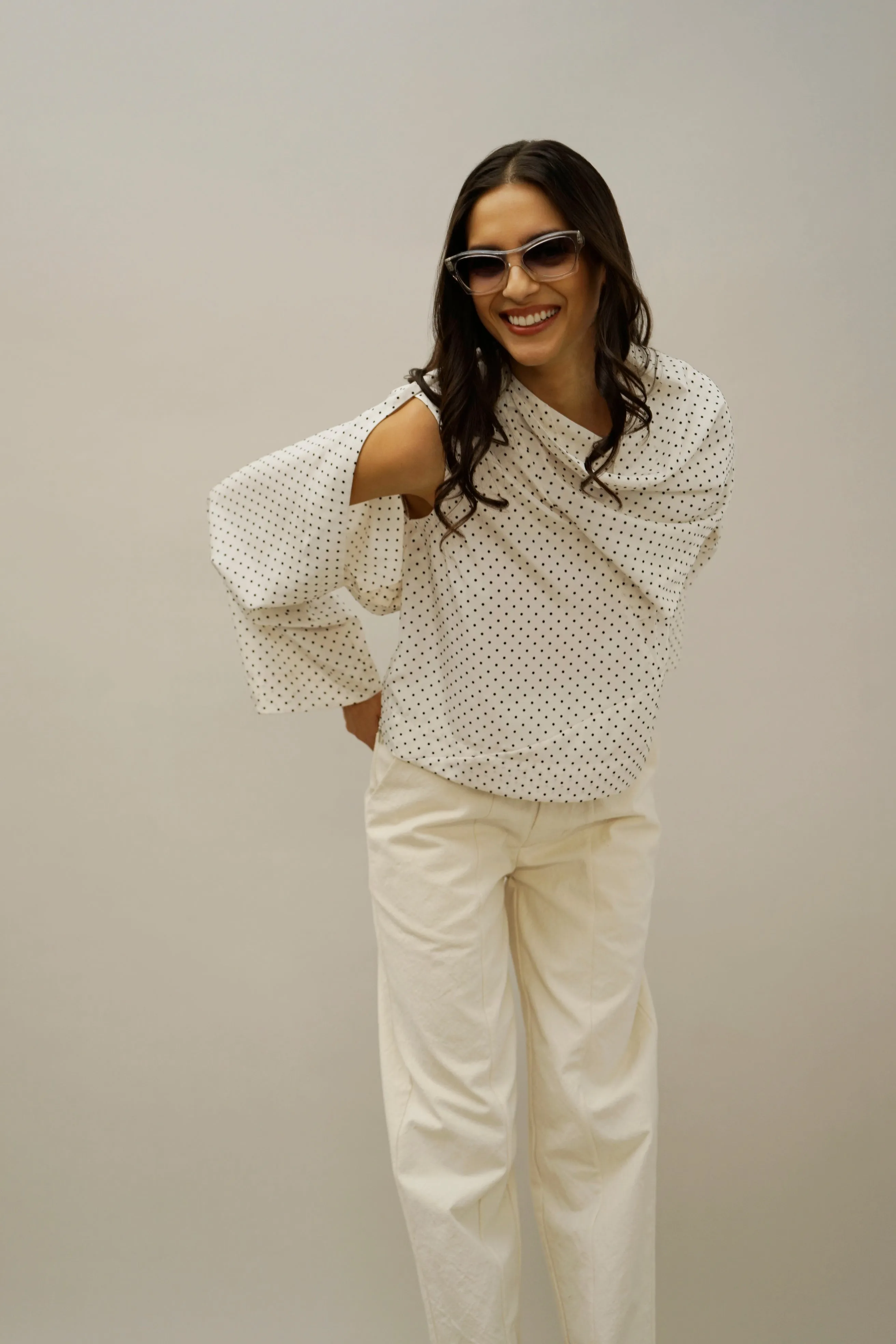 Britt Asymmetric Draped Sleeve Top – Polka Dot