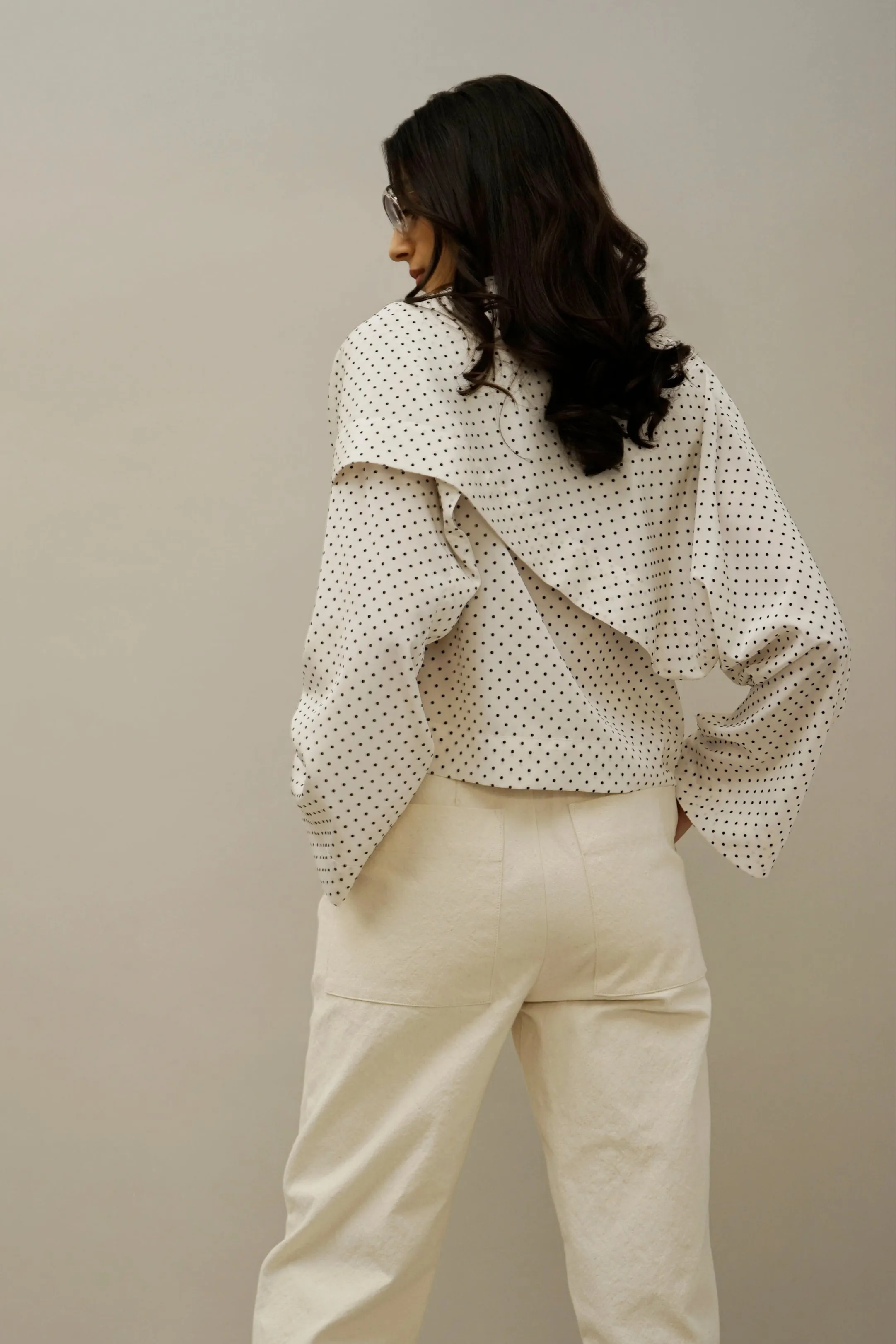 Britt Asymmetric Draped Sleeve Top – Polka Dot