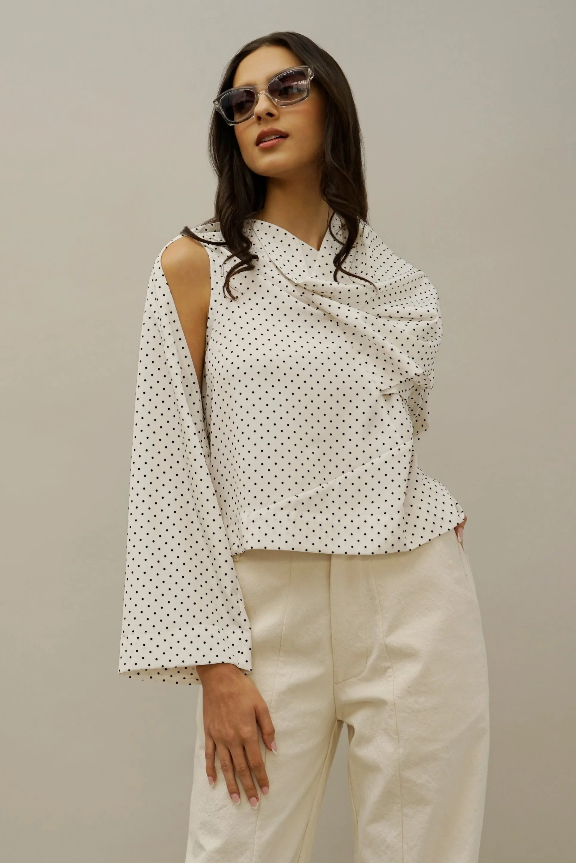Britt Asymmetric Draped Sleeve Top – Polka Dot