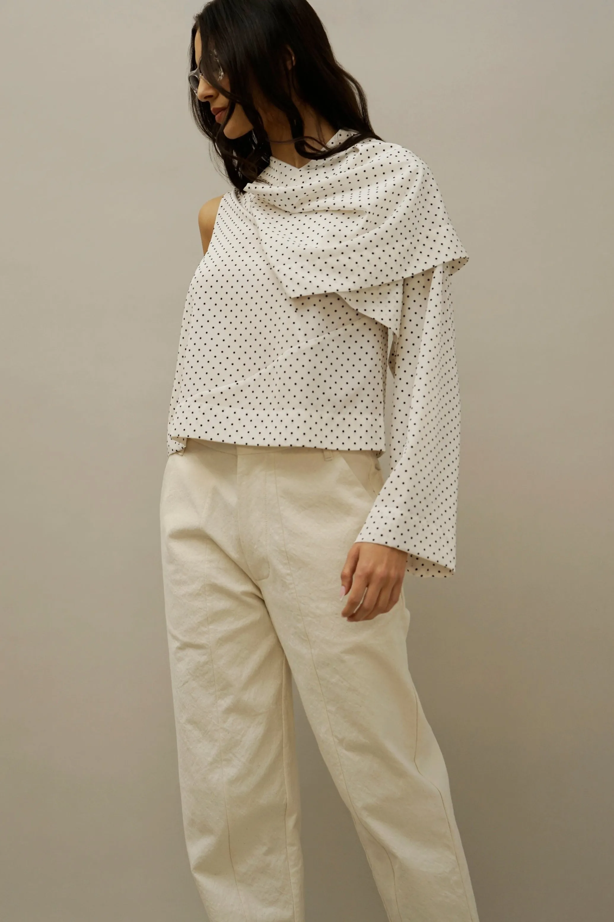 Britt Asymmetric Draped Sleeve Top – Polka Dot