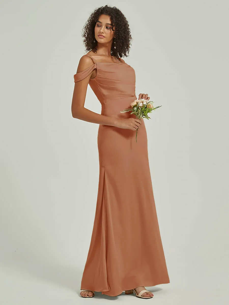 Bronzer Cowl Neckline Straps Side Slit Silk Satin Convertible Bridesmaid Dress
