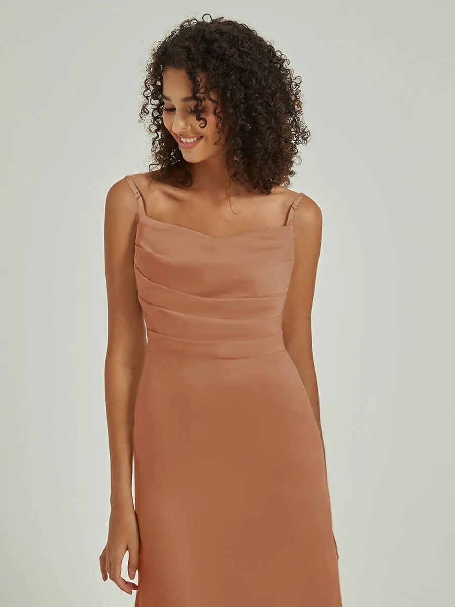 Bronzer Cowl Neckline Straps Side Slit Silk Satin Convertible Bridesmaid Dress